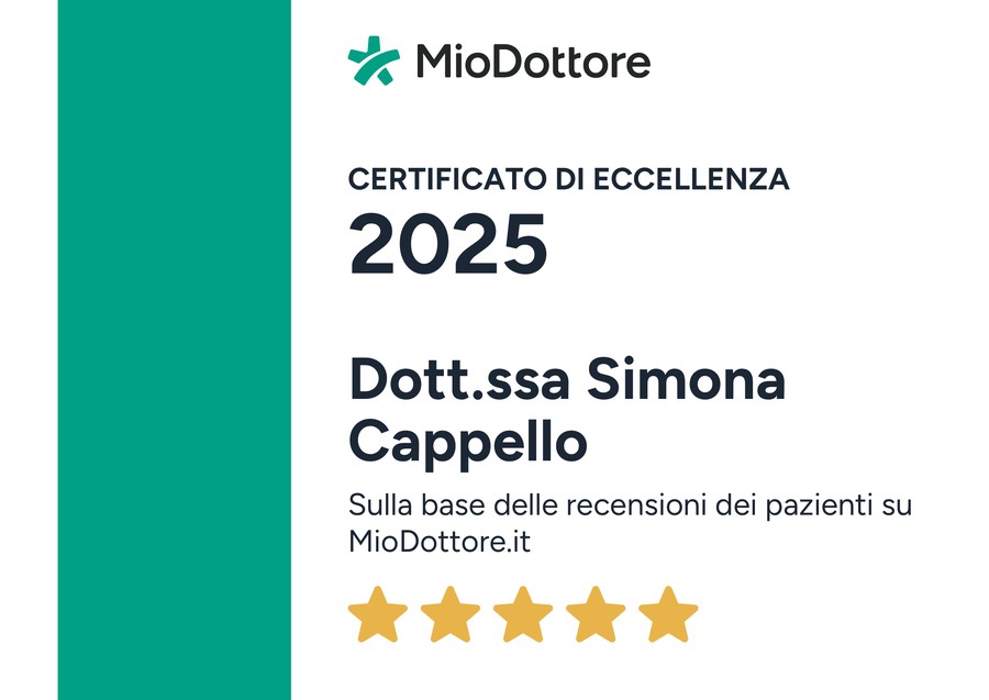 Certificato di eccellenza MioDottore 2025 della Dott.ssa Simona Cappello, assegnato sulla base delle recensioni dei pazienti