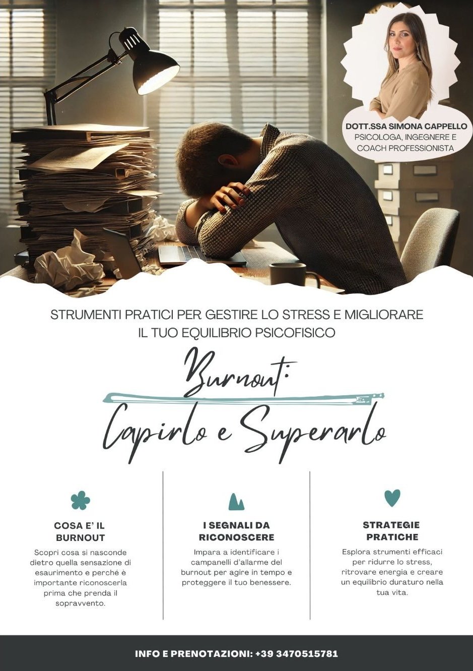Locandina dell'incontro Burnout: capirlo e superarlo, con la Dott.ssa Simona Cappello