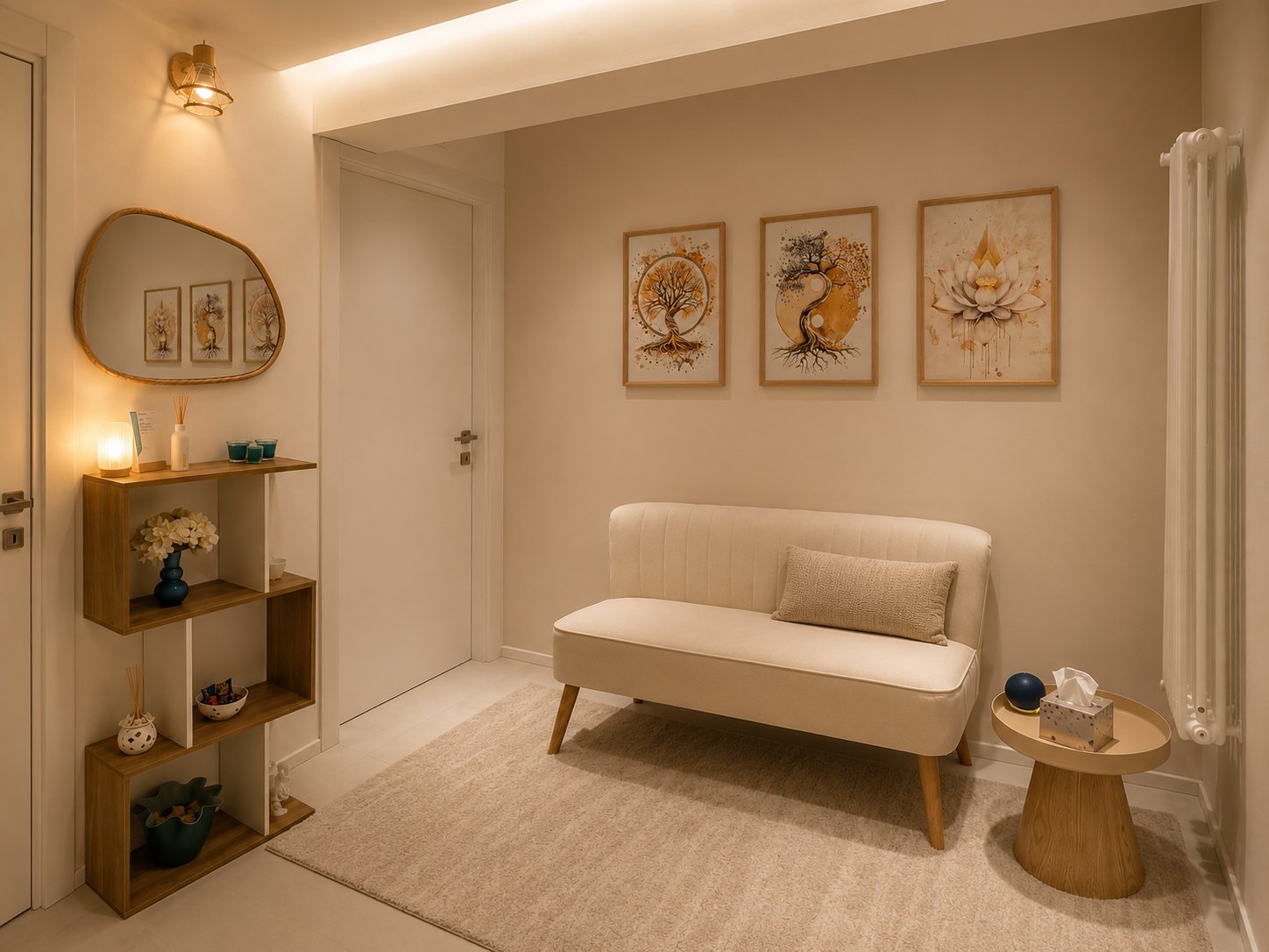 La sala d'attesa, con un divanetto chiaro e quadri con alberi e fiori di loto